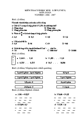 Đề và đáp án kiểm tra cuối học kì II Toán khối 5 - Năm học 2016-2017